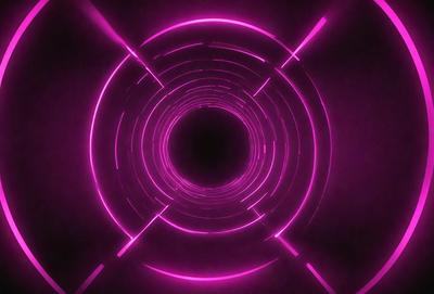 The primary subject of the image is a large, pink, circular tunnel. The tunnel appears to be a part of a larger structure, possibly a space station or a futuristic building. The setting is a dark, pink-lit environment, which adds to the overall mood of the image. The visual style of the image is a combination of digital art and illustration, creating a unique and captivating scene.
