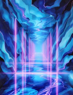 The primary subject of the image is a long, narrow hallway with a blue color scheme. The setting is a futuristic environment, possibly a space station or a high-tech facility. The visual style is a combination of digital art and illustration, creating a unique and captivating atmosphere. The dominant colors are blue and purple, giving the scene a sense of depth and sophistication.