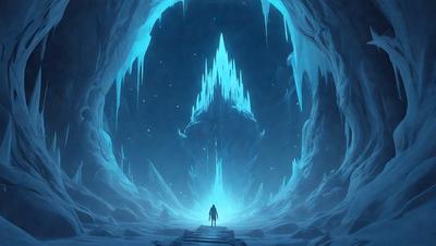 The primary subject of the image is a person standing in a snowy, icy environment. The setting includes a large, blue-lit ice castle in the background, and the visual style appears to be a digital art or illustration. The colors and mood of the image are predominantly blue and cold, creating a sense of wonder and awe in the viewer.