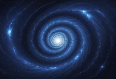 The primary subject of the image is a spiral galaxy, which is a large, swirling mass of stars and other celestial objects. The spiral galaxy is set against a dark, starry background, creating a sense of depth and space. The visual style of the image is a combination of photo and digital art, as it captures the beauty and intricacy of the galaxy in a detailed and realistic manner. The colors and mood of the image are predominantly dark and mysterious, with the