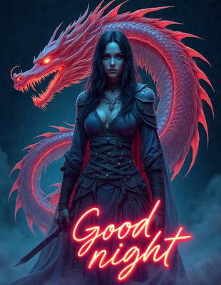 Good Night: A woman in a black dress stands in front of a red dragon. The dragon has a sword in its mouth. The woman is holding a sword as well. The scene is set in a dark, moody environment. The visual style is digital art, with the woman and dragon being the main focus of the image. The dominant colors are red and black, creating a dramatic and intense atmosphere.