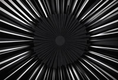 The primary subject of the image is a large, round, black and white structure with a central hole. The setting is a dark room, and the visual style appears to be a combination of a photo and a digital art or illustration. The dominant colors are black and white, creating a moody atmosphere.
