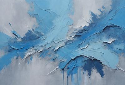 The primary subject of the image is a painting featuring a blue background with a white and blue bird. The setting is a canvas, and the visual style is a painting. The dominant colors are blue and white, creating a calm and serene atmosphere.