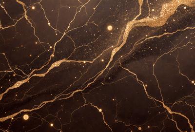 The primary subject of the image is a close-up of a marble surface with gold streaks. The setting is a dark room, and the visual style appears to be a combination of a photo and digital art. The colors and mood of the image are predominantly dark, with the gold streaks adding a touch of warmth and elegance to the overall atmosphere.