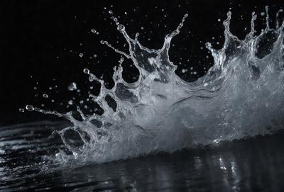The primary subject of the image is a splash of water, which is the main focus of the scene. The water is captured in mid-air, creating a dynamic and visually striking moment. The setting is a dark background, which contrasts with the brightness of the water splash. The visual style of the image is a close-up of the water splash, emphasizing the details and texture of the water. The colors and mood of the image are predominantly dark, with the brightness of the water splash