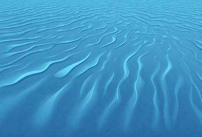 The primary subject of the image is a large body of blue water, which appears to be a deep blue ocean. The setting is underwater, with the water surface visible. The visual style of the image is a digital art or illustration, as it depicts a detailed and intricate pattern of waves. The colors and mood of the image are predominantly blue, creating a serene and calming atmosphere.