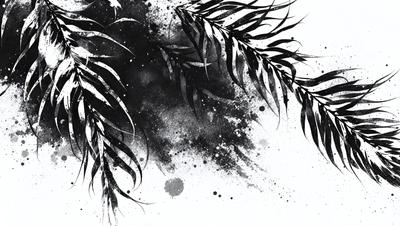 The primary subject of the image is a close-up of a leafy plant with a black and white background. The setting is a black and white photo, which gives the image a classic and timeless appearance. The visual style is a combination of a photo and a drawing, creating a unique and artistic representation of the plant. The colors and mood of the image are predominantly black and white, with a touch of green from the plant, giving it a calm and serene atmosphere.