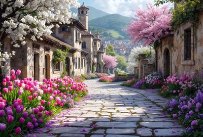 The primary subject of the image is a narrow alleyway lined with pink flowers, creating a beautiful and serene atmosphere. The setting is a quaint village with old buildings and a mountain in the background. The visual style is a photo, capturing the natural beauty of the flowers and the charming village. The colors and mood are predominantly pink, which adds a sense of warmth and tranquility to the scene.