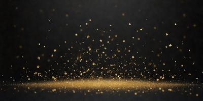 The primary subject of the image is a close-up of gold glitter or confetti, which is the main focus of the image. The setting is a dark background, which contrasts with the gold glitter. The visual style is a close-up of the glitter, giving a sense of depth and texture. The colors and mood of the image are predominantly gold and glittery, creating a warm and festive atmosphere.