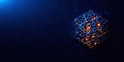 The primary subject of the image is a close-up of a blue and orange hexagonal pattern, which appears to be a digital art or illustration. The setting is a dark blue background, creating a contrasting and visually striking scene. The visual style is a combination of digital art and illustration, with the hexagonal pattern being the main focus of the image. The colors and mood of the image are predominantly blue and orange, with the blue background providing a sense of depth and the orange hexagons adding a