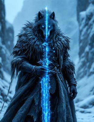 The primary subject of the image is a person dressed in a costume, possibly a wolf or a character from a fantasy world. The person is holding a blue sword, which is the main object of the scene. The setting is a snowy environment, with a mountain in the background. The visual style of the image is digital art, as it appears to be a digital illustration or drawing. The dominant colors in the image are blue and white, giving it a cold and mysterious atmosphere.