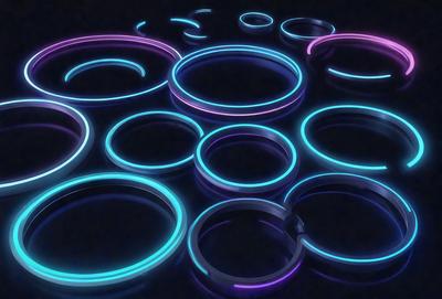 The primary subject of the image is a collection of neon rings or circles, which are arranged in a visually appealing manner. The setting is a dark background, which emphasizes the vibrant colors of the neon rings. The visual style is a combination of digital art and illustration, creating a unique and eye-catching design. The dominant colors are neon shades, which contribute to a lively and energetic atmosphere.