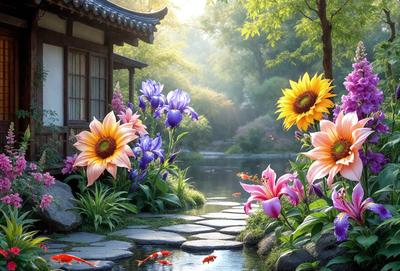 The primary subject of the image is a beautiful garden with a variety of flowers, including sunflowers, purple flowers, and pink flowers. The garden is situated next to a pond, creating a serene and picturesque scene. The visual style of the image is a combination of photo and digital art, giving it a vibrant and lively appearance. The colors and mood of the image are predominantly warm and inviting, with the flowers and pond contributing to a sense of tranquility and natural beauty