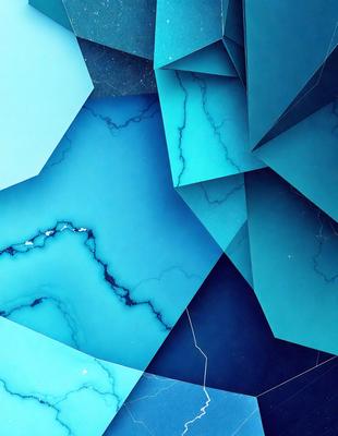 The primary subject of the image is a blue and white patterned surface, which appears to be a piece of art or a design. The setting is a blue and white room, and the visual style is a combination of digital art and illustration. The dominant colors in the image are blue and white, creating a calm and soothing atmosphere.