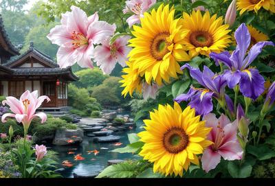The primary subject of the image is a beautiful garden with a variety of flowers, including sunflowers and purple flowers. The garden is situated near a pond, creating a serene and picturesque setting. The visual style of the image is a combination of photo and digital art, giving it a vibrant and lively appearance. The colors and mood of the image are predominantly warm and inviting, with the sunflowers and purple flowers adding a touch of natural beauty to the scene.