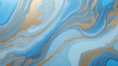 The primary subject of the image is a blue and gold swirling pattern, which appears to be a painting or a digital artwork. The setting is a blue background, and the visual style is a combination of photo and digital art. The dominant colors are blue and gold, creating a vibrant and lively atmosphere.