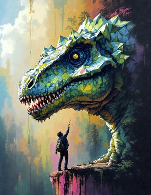 The primary subject of the image is a large, colorful, and intricately designed dinosaur. The setting is a forest, with the dinosaur towering over the man standing in front of it. The visual style is a combination of digital art and illustration, creating a vibrant and captivating scene. The dominant colors are green, blue, and yellow, giving the image a lively and energetic atmosphere.