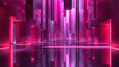 The primary subject of the image is a large, pink, illuminated room with a reflective surface. The room is filled with pink walls and a purple floor, creating a vibrant and unique atmosphere. The setting appears to be a futuristic or modern space, possibly a museum or an art installation. The visual style of the image is a combination of photo and digital art, with the pink and purple colors creating a striking and memorable scene.