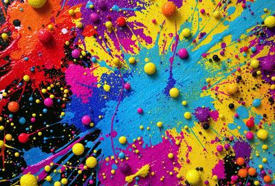 The primary subject of the image is a colorful, abstract painting featuring a mix of colors, including blue, yellow, and orange. The painting is displayed on a wall, creating a vibrant and lively atmosphere. The visual style of the painting is a combination of digital art and illustration, giving it a unique and creative appearance. The dominant colors in the painting are blue, yellow, and orange, which create a sense of energy and excitement.