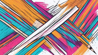 The primary subject of the image is a colorful, abstract painting featuring a cross shape. The painting is displayed on a white wall, which serves as the setting. The visual style of the painting is a mix of digital art and illustration, creating a vibrant and dynamic atmosphere. The dominant colors in the painting are pink, blue, and orange, which contribute to the overall mood of the artwork.
