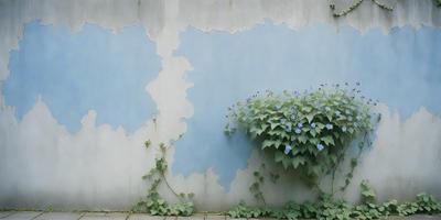 The primary subject of the image is a blue wall with a plant growing on it. The setting is an outdoor environment, with the wall being the main object of focus. The visual style is a photo, capturing the plant's growth on the wall. The colors in the image are predominantly blue, creating a calm and serene atmosphere.