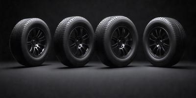 The primary subject of the image is a row of five black tires. They are lined up on a black surface, which could be a wall or a floor. The tires are arranged in a way that they appear to be in a circle or a row, creating a visually appealing composition. The setting or background of the image is a dark or black environment, which contrasts with the brightness of the tires, making them stand out even more. The visual style of the image is a close-up of the tires
