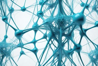 The primary subject of the image is a close-up of a blue, swirling, and interconnected network of tubes or wires. The setting is a white background, which provides a clean and minimalist appearance. The visual style is a combination of digital art and illustration, creating a unique and intricate pattern. The dominant colors are blue and white, giving the image a calm and soothing atmosphere.