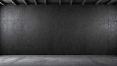 The primary subject of the image is a large, empty room with a cement wall. The setting is a concrete room, and the visual style is a black and white photo. The room appears to be a warehouse or a storage area, with a stark and minimalistic atmosphere.