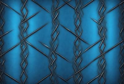 The primary subject of the image is a close-up of a blue background with a pattern of metal bars or wires. The setting appears to be a dark room, and the visual style is a combination of a photo and a digital art or illustration. The dominant colors are blue and silver, creating a moody and mysterious atmosphere.