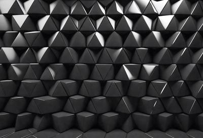 The primary subject of the image is a black and white wall with a pattern of triangles. The setting is a black and white room, and the visual style is a patterned wall. The dominant colors are black and white, creating a stark and minimalist atmosphere.