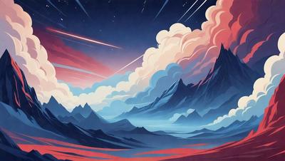 The primary subject of the image is a mountain range with clouds surrounding it. The setting is a nighttime sky, and the visual style is a digital art or illustration. The dominant colors are blue, red, and white, creating a serene and dramatic atmosphere.