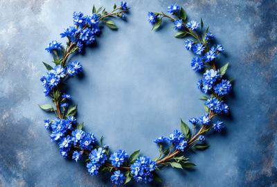 The primary subject of the image is a blue flower wreath. The wreath is made up of blue flowers, and it is placed on a blue surface. The visual style of the image is a close-up of the flower wreath, showcasing the details of the flowers and their arrangement. The colors and mood of the image are predominantly blue, creating a calm and serene atmosphere.