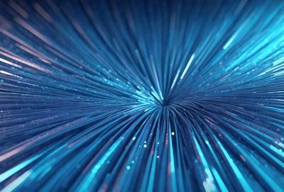 The primary subject of the image is a blue, light-filled, and shimmering strand of light. The setting is a dark background, which contrasts with the bright blue light. The visual style is a close-up of the light, showcasing its vibrant colors and unique texture. The colors and mood of the image are predominantly blue, creating a serene and calming atmosphere.