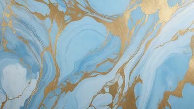 The primary subject of the image is a blue and gold swirling pattern, which appears to be a painting or a digital artwork. The setting is a blue background, and the visual style is a combination of photo and digital art. The dominant colors are blue and gold, creating a sense of depth and richness in the artwork.