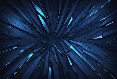 The primary subject of the image is a blue, circular, and shattered glass design. The setting is a dark blue background, which contrasts with the shattered glass. The visual style is a combination of digital art and illustration, creating a unique and intricate pattern. The colors and mood of the image are predominantly dark and moody, with the blue shattered glass adding a sense of depth and complexity to the overall design.