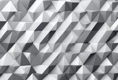 The primary subject of the image is a large, intricate pattern made up of many small triangles. The pattern is white and gray, creating a visually striking and complex design. The setting is a wall, and the visual style appears to be a combination of digital art and illustration. The colors and mood of the image are predominantly white and gray, giving it a clean and modern appearance.