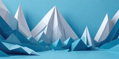 The primary subject of the image is a large, three-dimensional paper mountain. The mountain is made of several smaller paper mountains stacked on top of each other. The setting is a blue background, which creates a striking contrast with the white paper. The visual style is a combination of digital art and illustration, as the paper mountain appears to be a creative and artistic representation of a mountain. The colors and mood of the image are predominantly blue and white, giving it a calm and serene atmosphere.