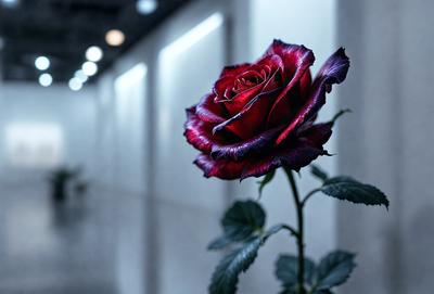 Primary subject: A single red rose.

Setting/background: A white wall.

Visual style: A photo.

Colors and mood: The rose is red, and the overall atmosphere is calm and serene.