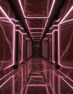 The primary subject of the image is a long, narrow hallway with a red marble floor. The setting is a dark, pink-lit room with a red marble wall. The visual style is a combination of a photo and digital art, creating a unique and intriguing atmosphere. The dominant colors are red and pink, giving the space a bold and striking appearance.