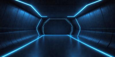 The primary subject of the image is a long, dark hallway with a blue glow. The setting is a futuristic environment, possibly a space station or a high-tech facility. The visual style is a combination of a photo and digital art, creating a unique and captivating atmosphere. The dominant colors are blue and black, giving the scene a futuristic and mysterious mood.