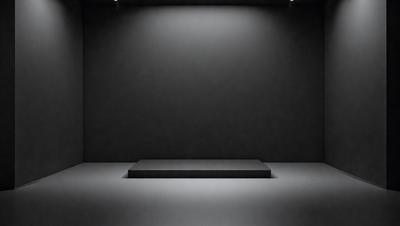 The primary subject of the image is a black stage with a white platform. The setting is a dark room, and the visual style is a black and white photo. The colors and mood of the image are predominantly dark and moody, with the black stage and white platform contrasting against the dark background.