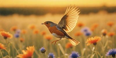 Primary subject: A bird with a red breast, flying in the air.

Setting/background: A field with yellow flowers, creating a vibrant and natural backdrop.

Visual style: The image is a photo of the bird in flight.

Colors and mood: The dominant colors are red, yellow, and orange, creating a warm and lively atmosphere.