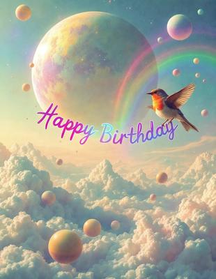 The primary subject of the image is a bird, which is flying through a cloudy sky. The setting is a colorful and whimsical environment, with a backdrop of a rainbow and a planet in the background. The visual style is a combination of digital art and illustration, creating a vibrant and lively atmosphere. The colors and mood of the image are predominantly bright and cheerful, with the bird symbolizing happiness and freedom.