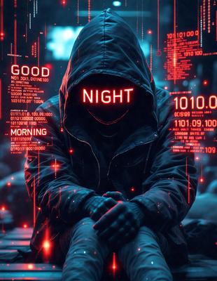 The primary subject of the image is a person wearing a hooded jacket and a "Good Night" sign on their face. The person is sitting on a surface with a backdrop of a cityscape. The visual style of the image is digital art, as it features a futuristic and technological atmosphere. The colors and mood of the image are predominantly red, which adds to the futuristic and technological vibe.