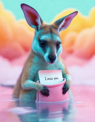 The primary subject of the image is a kangaroo holding a pink cup with a note inside. The setting is a colorful background, which adds a vibrant and lively atmosphere to the scene. The visual style appears to be a combination of photo and digital art, creating a unique and eye-catching image. The colors and mood convey a sense of playfulness and creativity, as the kangaroo interacts with the pink cup and note.