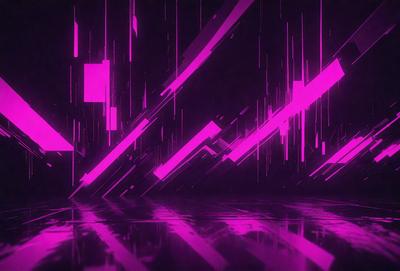 The primary subject of the image is a purple and pink digital artwork featuring a pattern of lines and shapes. The setting is a dark room with a purple background, creating a moody atmosphere. The visual style is a digital artwork, which gives the image a unique and artistic appearance. The dominant colors are purple and pink, which contribute to the overall mood of the image.