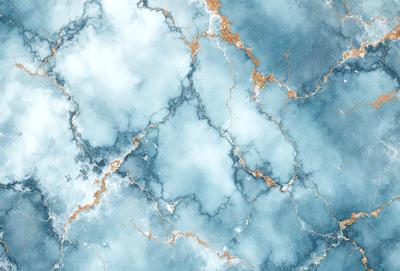 The primary subject of the image is a blue marble wall with a gold and white pattern. The setting is a room with a blue marble wall, and the visual style is a photo. The dominant colors are blue, gold, and white, creating a calm and elegant atmosphere.
