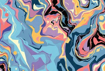 The primary subject of the image is a colorful, abstract painting featuring a mix of blue, purple, and yellow hues. The painting is displayed on a blue and purple background, creating a vibrant and lively atmosphere. The visual style of the painting is a combination of digital art and illustration, giving it a unique and artistic appearance. The colors and mood of the painting evoke a sense of creativity and imagination, making it an eye-catching and memorable piece of art.