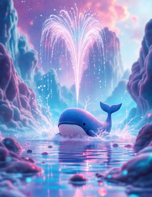 The primary subject of the image is a blue whale, which is the main focus of the scene. The whale is swimming in a body of water, surrounded by a pink and purple background. The visual style of the image is digital art, as it appears to be a computer-generated or digitally painted scene. The colors and mood of the image are vibrant and lively, with the pink and purple hues creating a sense of warmth and energy.