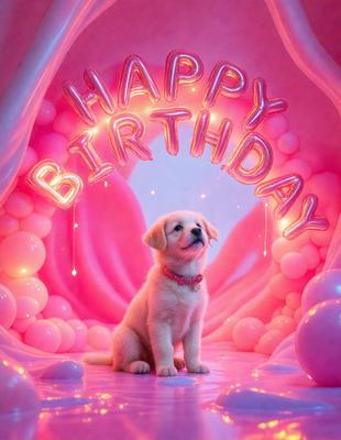 The primary subject of the image is a small dog sitting on a pink surface. The setting is a pink room with a pink background, and the visual style appears to be a photo. The dominant colors in the image are pink, which creates a warm and cheerful atmosphere.